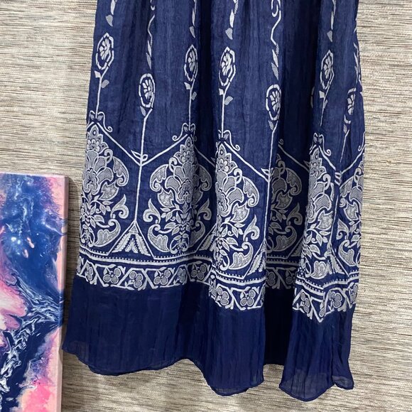 Boho Navy Blue Smocked Waist Maxi Skirt With White Floral Embroidery tube top - Picture 2 of 4